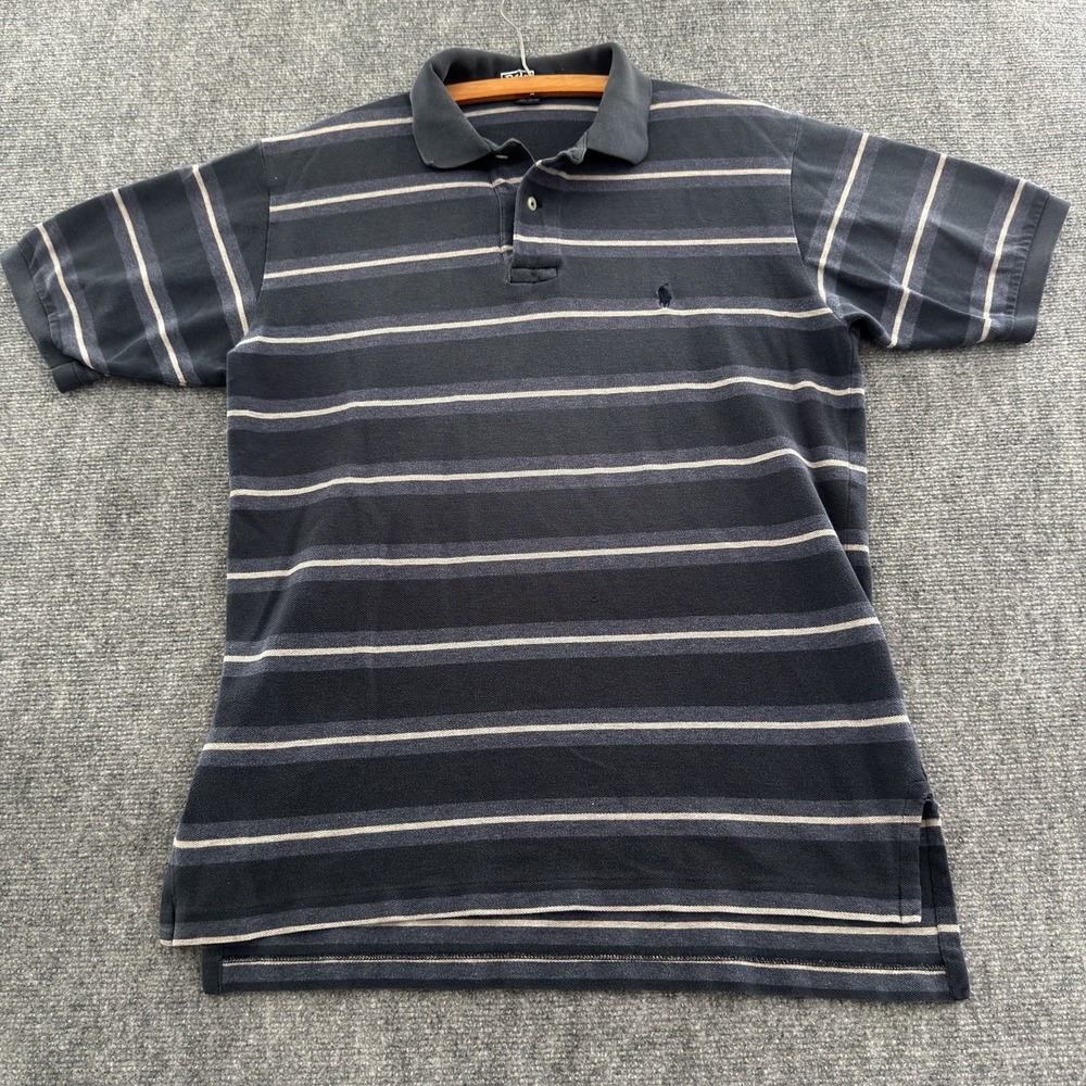 Vintage Polo Ralph Lauren Striped Polo Shirt Medium Navy Blue Grey Pony Logo